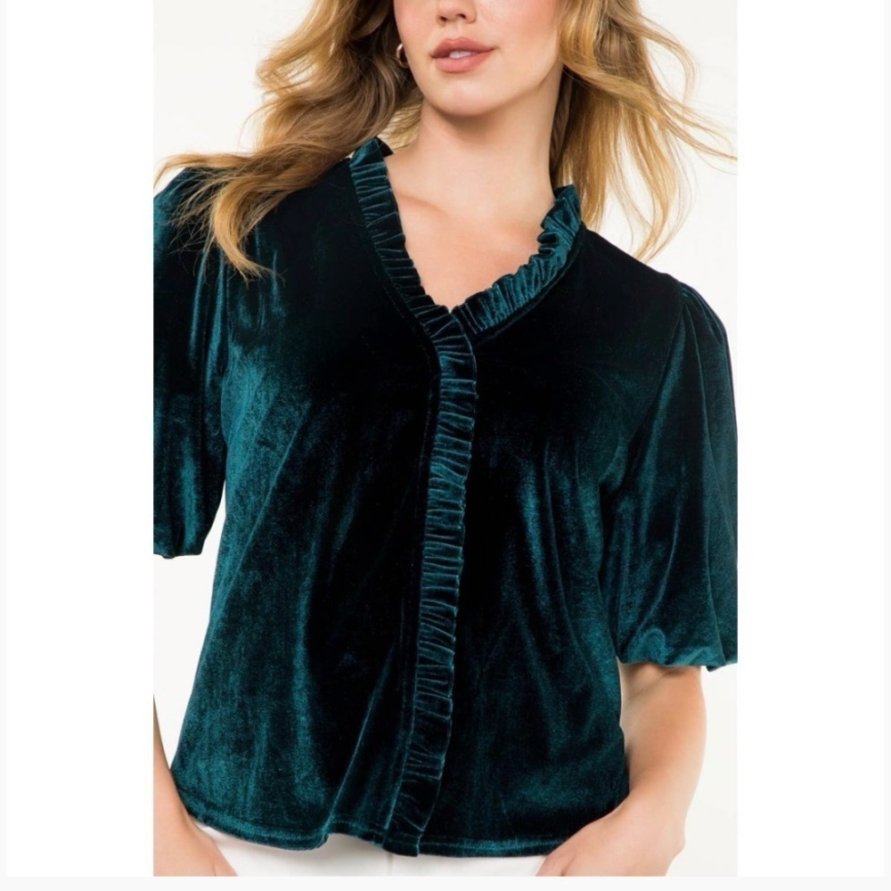 NWOT Anthropology THML Emerald Velvet Ruffle Blouse Size Small